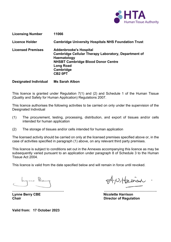 Screenshot of HTA Licence