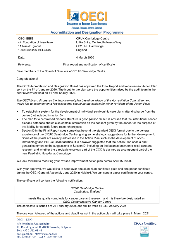 Screenshot of page one of the accreditation received by CUH from the Organisation of European Cancer Institutes (OECI)