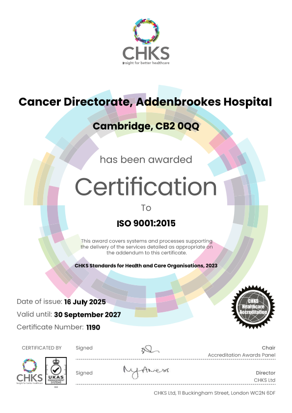Screenshot of page one of the ISO 9001:2015 certification awarded to CUH by CHKS Ltd.