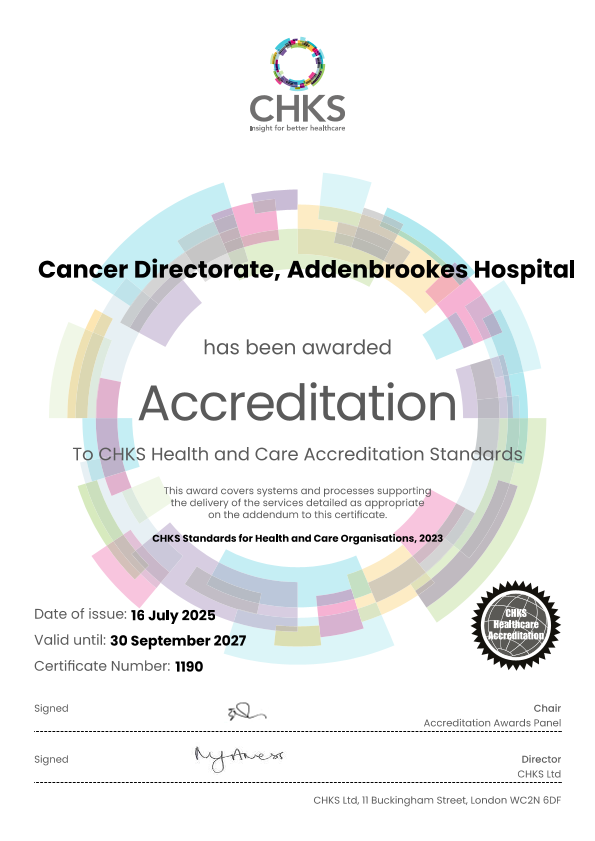 Screenshot of Caspe Healthcare Knowledge System Accreditation that was awarded to the CUH Cancer Directorate.