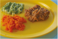 A plate bearing three types of minced and moist foods