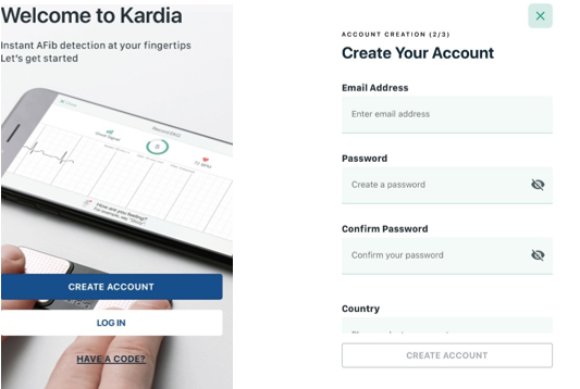 The Kardia App home and log in screen