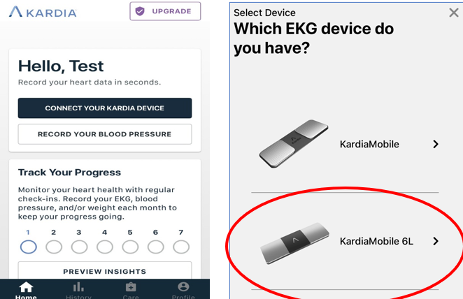 Screenshots from the Kardia app when connecting to your KardiaMobile 6L device