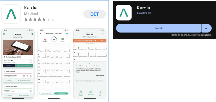 Screenshots of the Kardia app on IOS store and Google Play