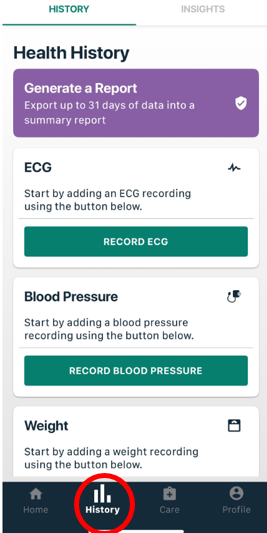 The 'health history' tab on the Kardia app