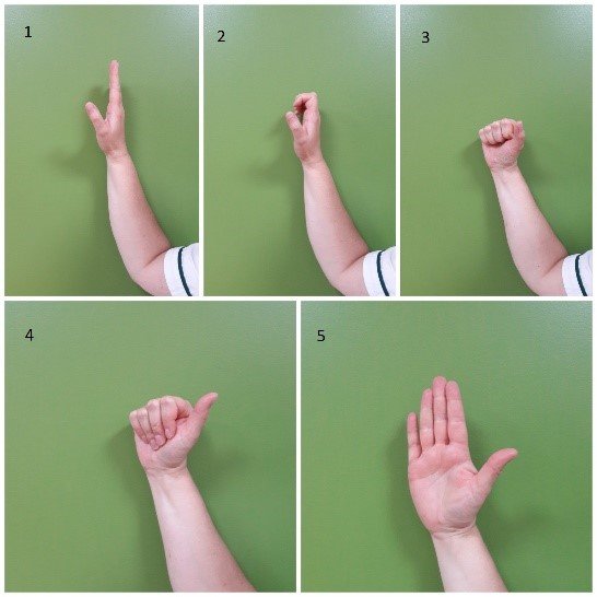 5 steps of tendon glides being demonstrated