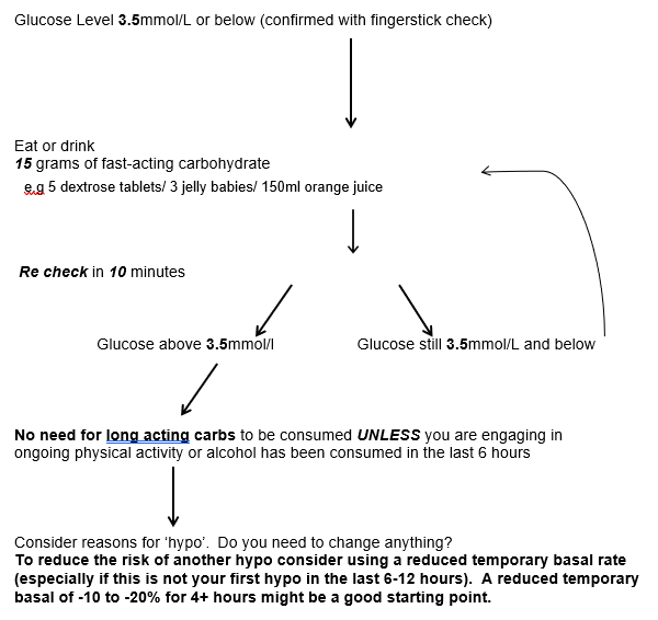 Flowchart showing steps to treat low glucose: take 15g fast‑acting carbs, recheck in 10 minutes, repeat if still low, and guidance on avoiding further hypos with adjusted basal rates.