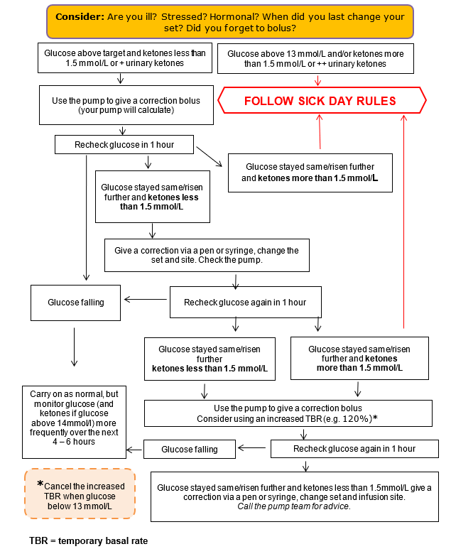 Flowchart outlining steps for high glucose and ketone management, including correction boluses, hourly rechecks, sick‑day rules, increased temporary basal rates, and when to seek pump advice.