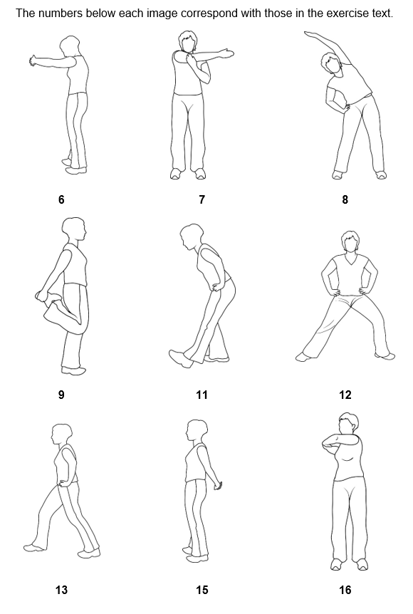 Nine line drawings illustrating the positions in the related text, numbered 6-16.