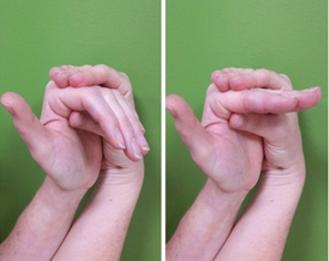 Left: A right hand bending the fingers of a left hand forward at the knuckles towards the palm. Right: A right hand bending the fingers on a left hand forwards at a 90-degree angle.