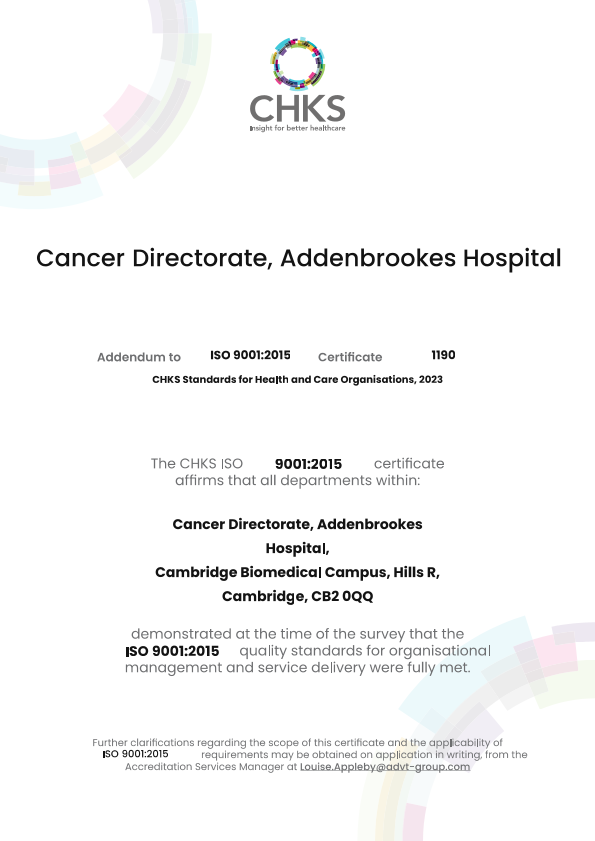 Screenshot of page two of the ISO 9001:2015 certification awarded to CUH by CHKS Ltd.