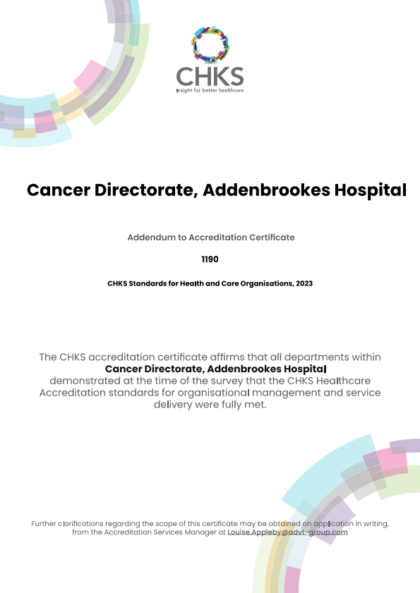 Screenshot of page two of the Caspe Healthcare Knowledge System Accreditation that was awarded to CUH Cancer Directorate