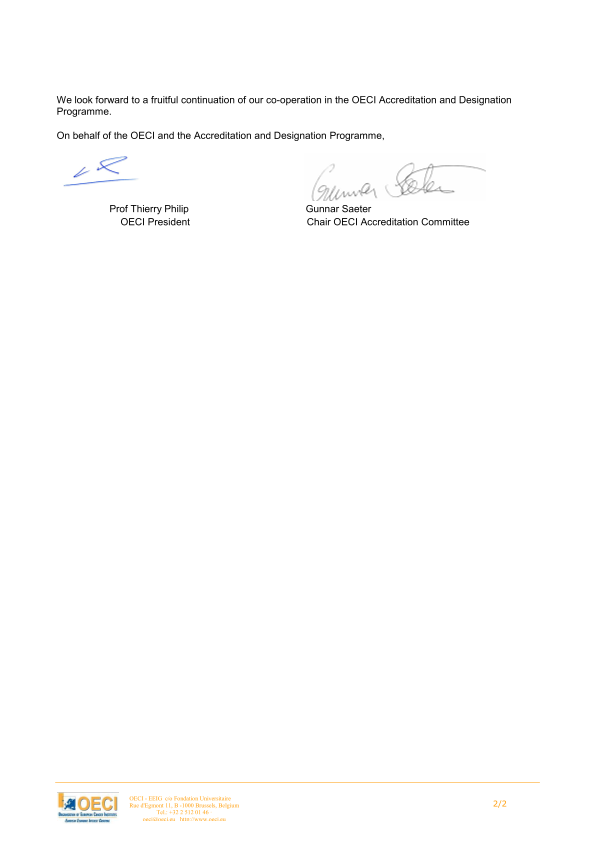 Screenshot of page two of the accreditation received by CUH from the Organisation of European Cancer Institutes (OECI)