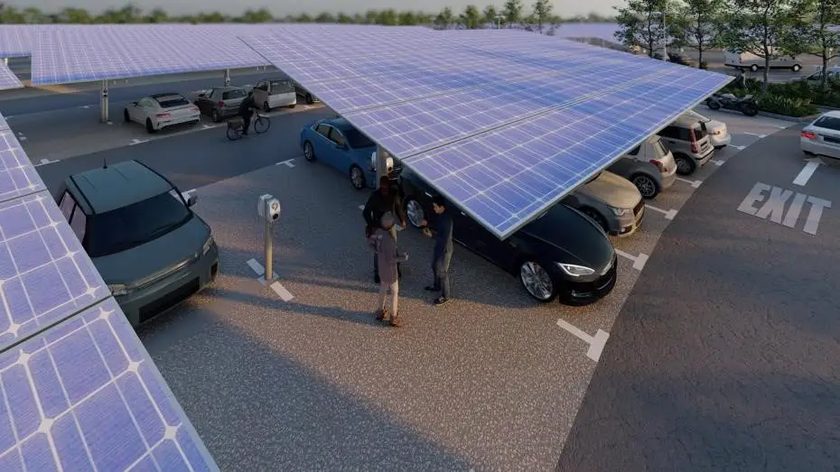 Visualisation of planned solar panel structure over parked cars at Babraham Park and Ride