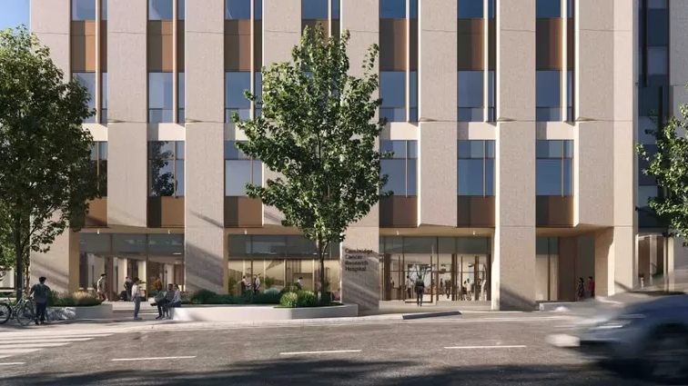 An architect image of the front of the Cambridge Cancer Research Hospital