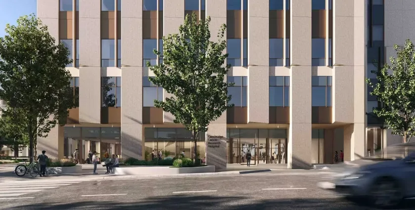 An architect image of the front of the Cambridge Cancer Research Hospital