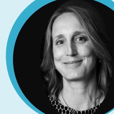 A graphic consisting of blue concentric circles around a black and white photograph of Kim.