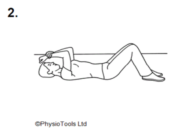 Illustration of a person lying on their back with their knees bent, their left hand holding their right hand over their forehead, bent at the elbows.