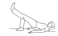 Illustration of a person lying on their back with a cushion behind their head, right leg bent at the knee and left leg straight out in front of them, their lower back and bottom raised from the floor