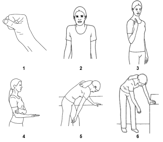 Six exercise pose illustrations: 1) Hand clench; 2) Shoulder shrug; 3) Hand to mouth; 4) Wrist twist; 5) Arm swing fore and aft; 6) Arm swing left and right