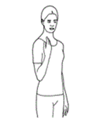 Illustration of a woman stood with one arm bent at the elbow and hand below her chin