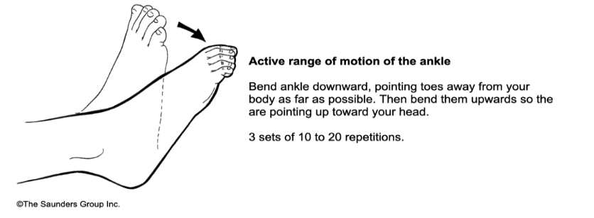 Illustration of foot with text: Active range of motion of the ankle. Bend ankle downward, pointing toes away from your body as far as possible. Then bend them upwards so they are pointing up towards your head. 3 sets of 10 to 20 repititions.