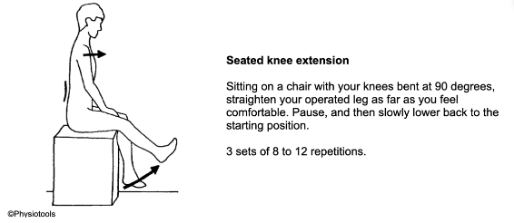 Illustration of a person carrying out seated knee extension. Text: sit on a chair with your knees bent at 90 degrees, straighten operated leg as far as feels comfortable. Pause, then slowly lower back to starting position. 3 sets of 8 to 12 repititions.