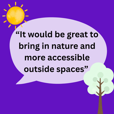 A speech bubble with a quote saying "It would be great to bring in nature and more accessible outdoor space"