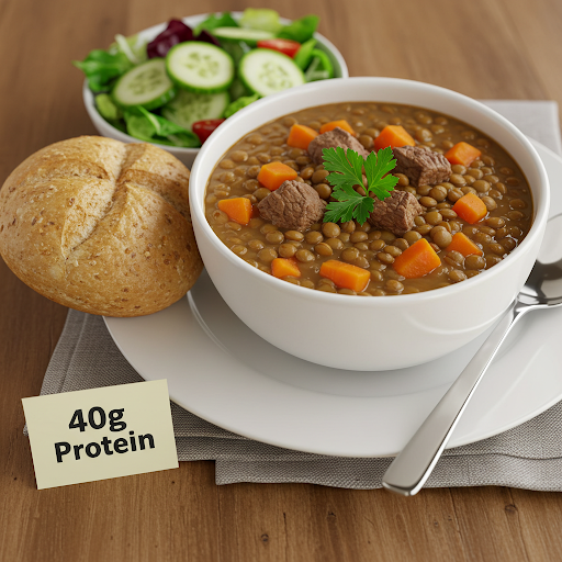 Beef and Lentil stew labelled '40g protein'