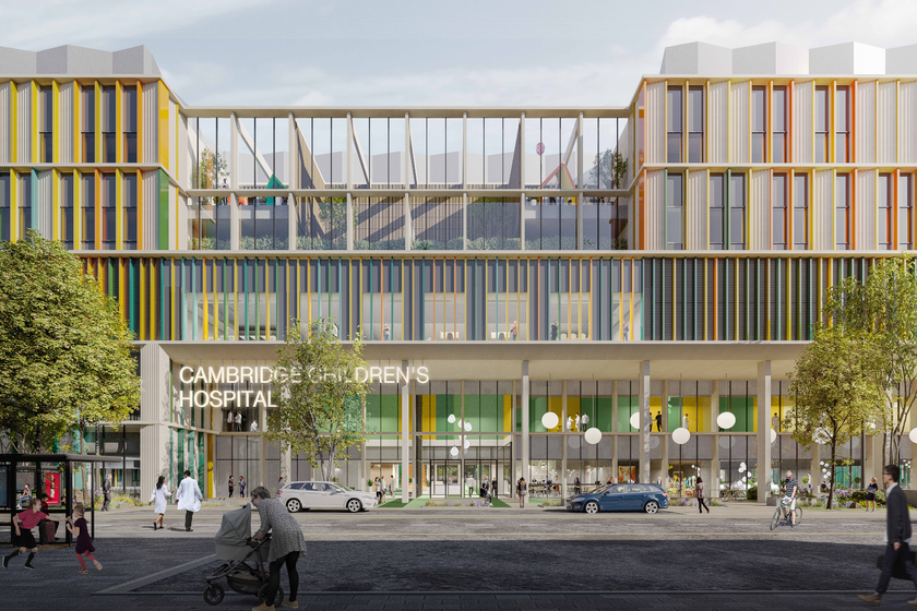 An architect images showing what the the front of cambridge children's hospital could look like. It has lots of windows, with colourful facade
