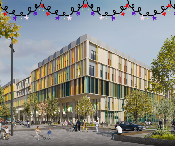 Cambridge Children's Hospital with festive lights