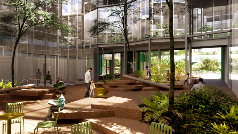 A concept design of the central courtyard at Cambridge Children's Hospital