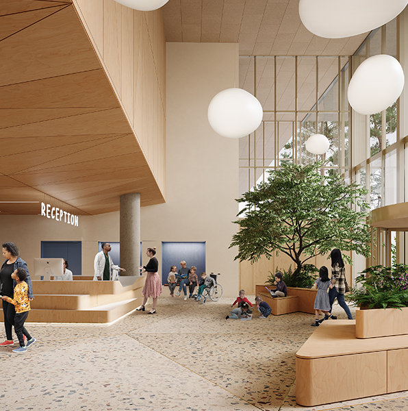 Architect image of the entrance and reception area at Cambridge Children's Hospital