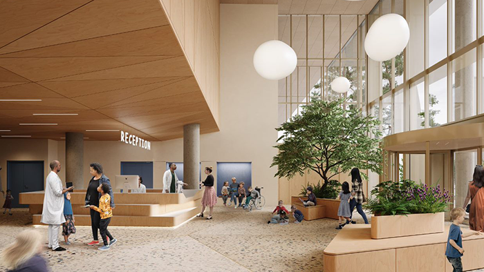 Architect image showing Cambridge Children's Hospital's reception area