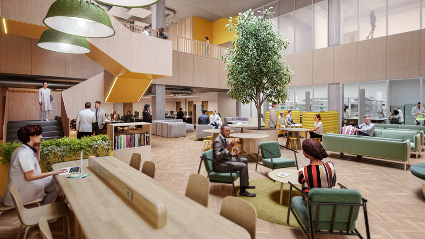 an architect image of the atrium at Cambridge Children's research institute. It has high ceilings, with desks, sofas, tables and chairs. There are lots of plants and lots of light flooding in