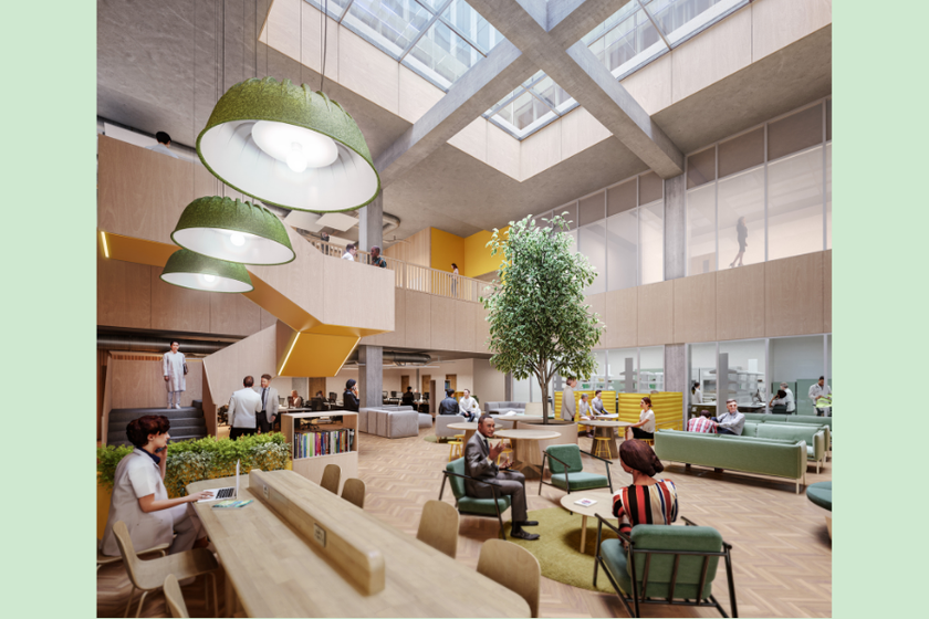 an architect image of the atrium at Cambridge Children's research institute. It has high ceilings, with desks, sofas, tables and chairs. There are lots of plants and lots of light flooding in
