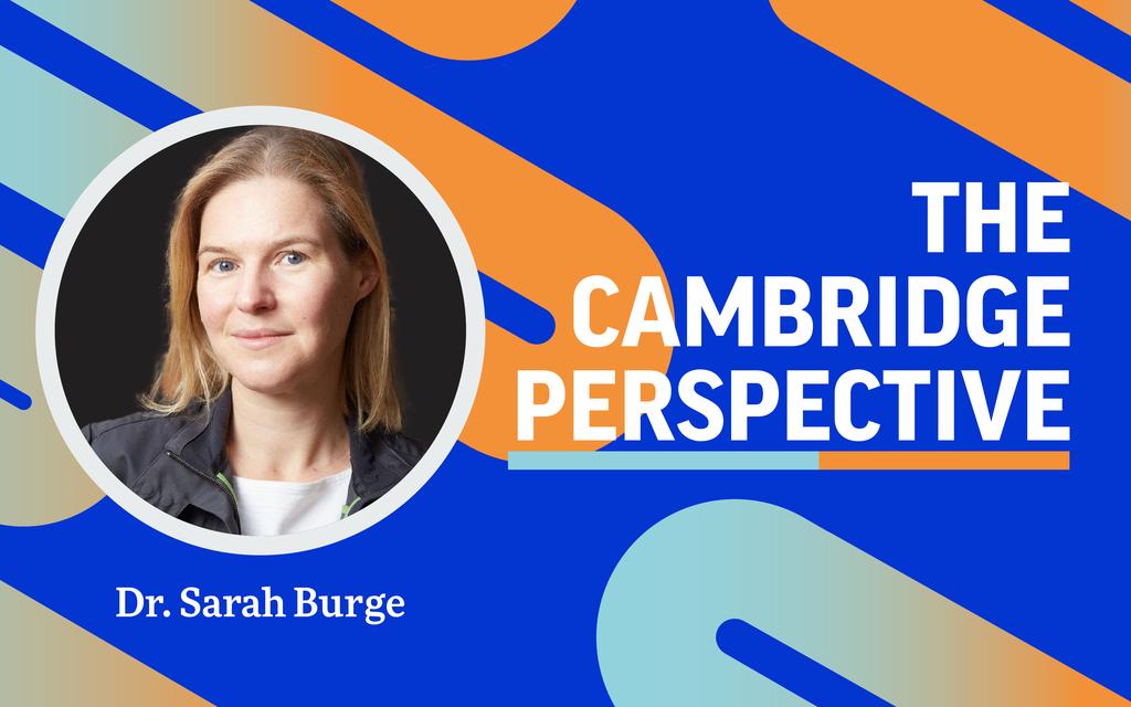 A graphic saying The Cambridge Perspective with logos of the University of Cambridge and Cambridge University Hospitals, along with an image of a lady with short hair in a dark background