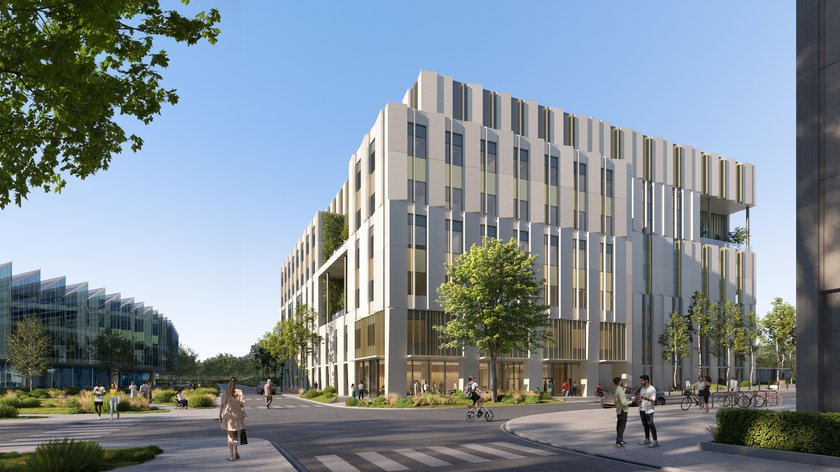 Exterior of the Cambridge Cancer Research Hospital with AstraZeneca's Discovery Building