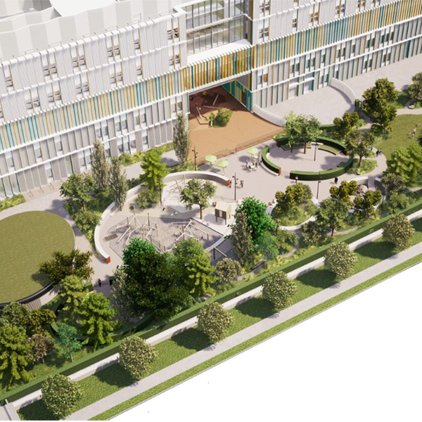 A concept design of the main garden and play area at Cambridge Children's Hospital