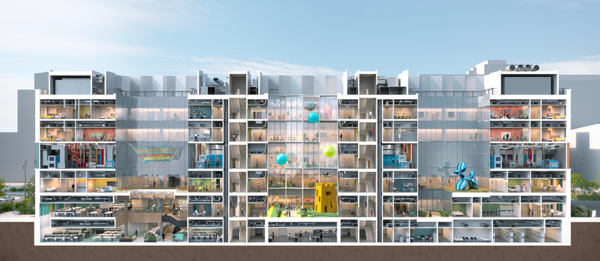 A cutaway image showing all the different levels of the children's hospital.