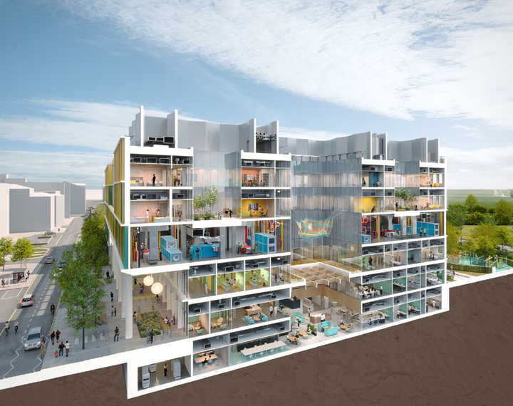 An architect image showing inside Cambridge Children's hospital, with all the different levels and rooms