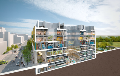 An architect image showing inside Cambridge Children's hospital, with all the different levels and rooms