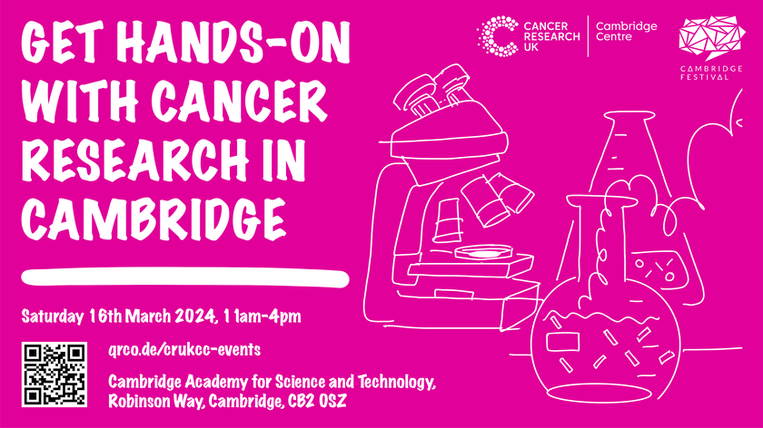 A pink poster with microscope animations and flasks