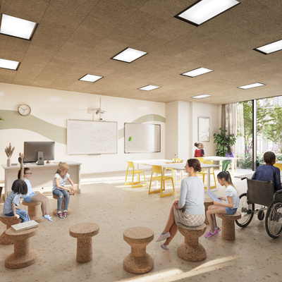 An architect image showing a classroom at Cambridge Children's Hospital school. There are big windows and lots of light. A Whiteboard at the front, low stools and tables, shelves with books and children taking part in a lesson