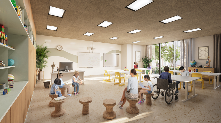 An architect image showing a classroom at Cambridge Children's Hospital school. There are big windows and lots of light. A Whiteboard at the front, low stools and tables, shelves with books and children taking part in a lesson