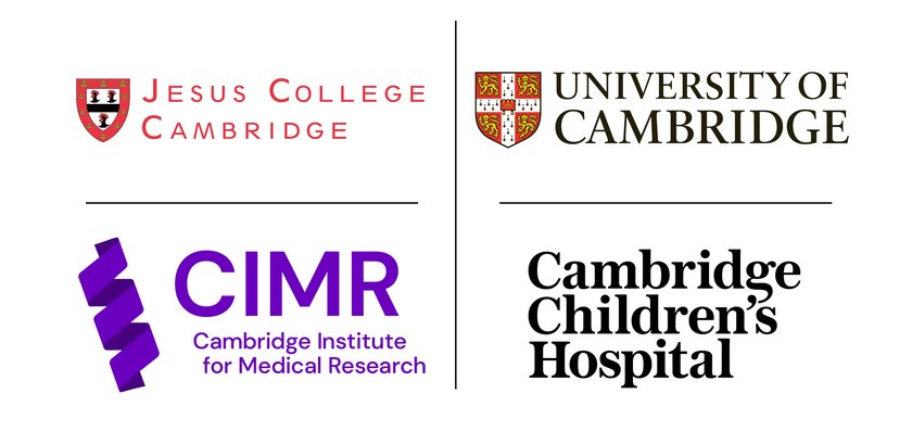 Four logos are displayed - Jesus College Cambridge, University of Cambridge, CIMR (Cambridge Institute for Medical Research, and Cambridge Children's Hospital