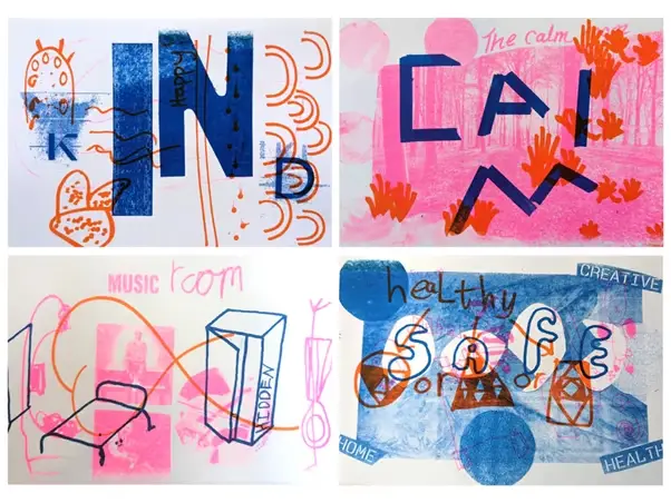 A selection of artworks created by children, parents, carers and staff at our Cambridge Festival workshops, summer 2022, containing the words 'kind' 'the calm' 'music room' 'healthy' 'creative' 'safe' 'home' 'creative'