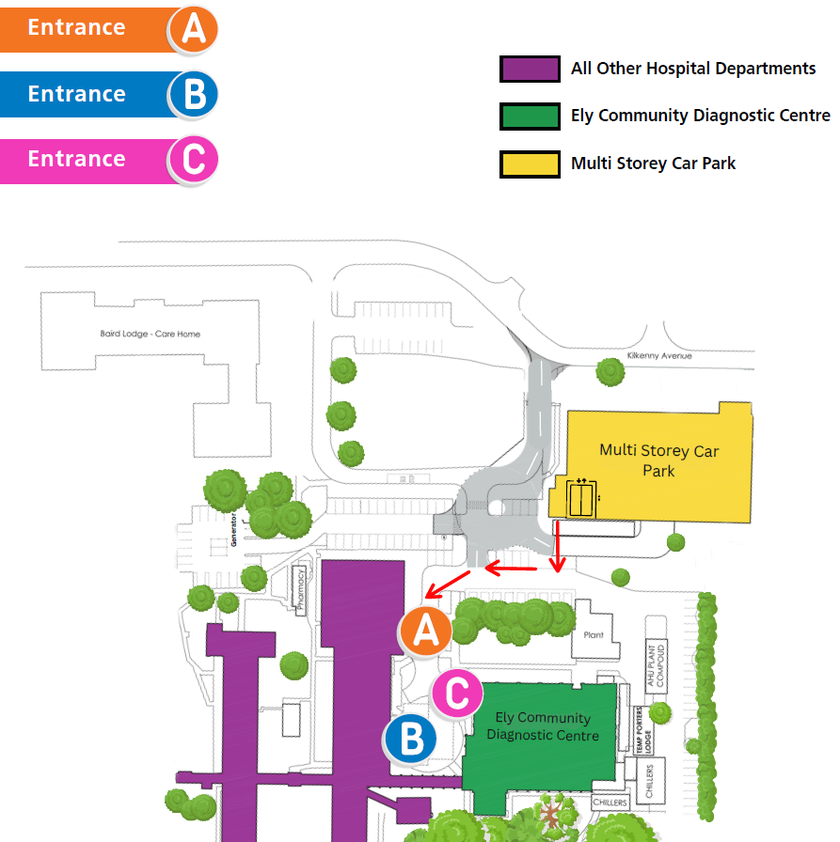Ely Community Diagnostic Centre entrances located on a map