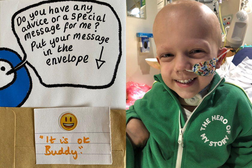 A little boy in a green hoodie with a logo - 'The hero of my story'. He has lost his hair and has a nasal tube. He has a beaming smile. On the left is a photo of some feedback George gave to a character Buddy who is going into hospital "It's okay, Buddy"