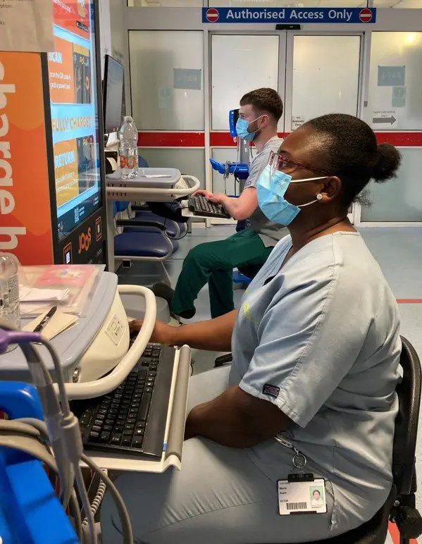 Two members of the triage team at computers in the Emergency Department.